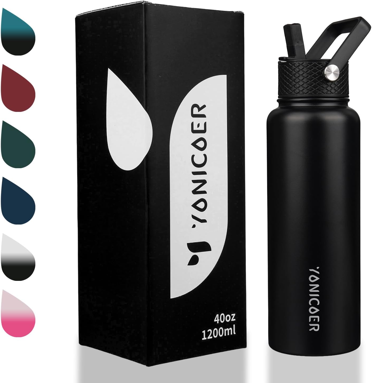 Skiennix Insulated Water Bottle - 40oz Triple Wall Vacuum Stainless Steel | Leak Proof, Dishwasher Safe, Black