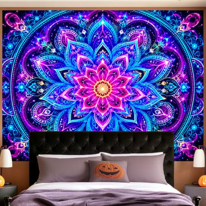 UV Black Light Mandala Wall Tapestry - 78x59 in Polyester, Neon Glow Effect HC-YL-72018