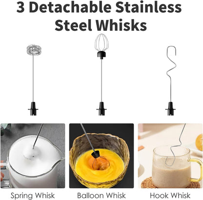 Skiennix Rechargeable Milk Frother - 3 Detachable Stainless Steel Whisks | Adjustable Speed Electric Mixer with Storage Base
