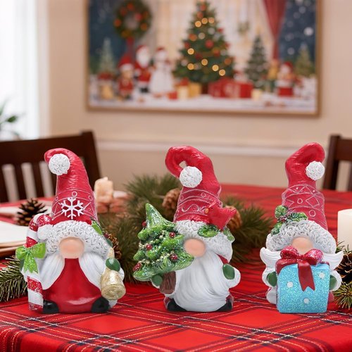 Hodao Christmas Gnome Decorations - Hand-Painted Resin Santa Gnomes Set of 3 for Holiday Home Decor