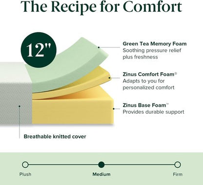 Zinus 12 Inch King Green Tea Memory Foam Mattress [New Version], Fiberglass Free, Medium Firm Feel, Zoned Pressure Relief, Certified Safe Foams & Fabric, Mattress in A Box