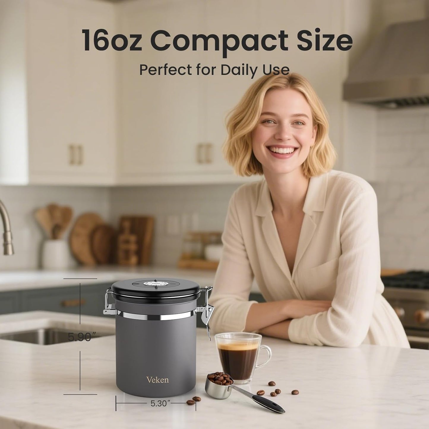 Veken Airtight Coffee Canister - Stainless Steel Food Storage Container with Date Tracker & Scoop | 16oz Gray