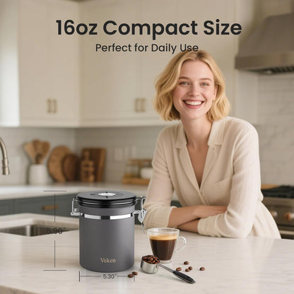 Veken Airtight Coffee Canister - Stainless Steel Food Storage Container with Date Tracker & Scoop | 16oz Gray