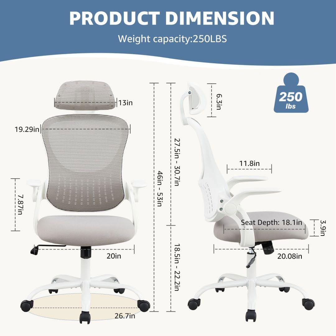 Skiennix Ergonomic Office Chair - Adjustable Lumbar Support & Flip-Up Armrests | High Back Mesh Taskchair in Grey