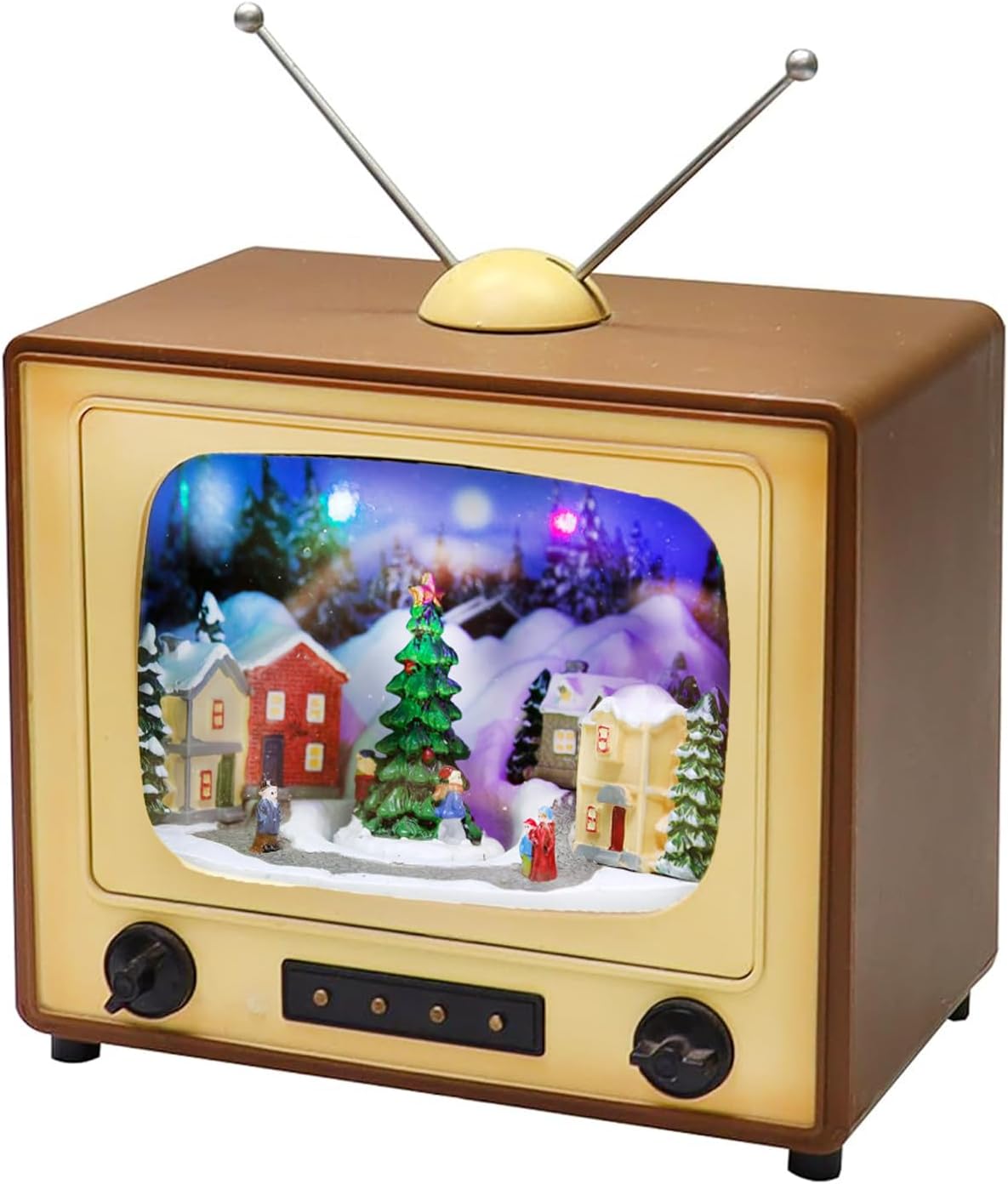 Moments In Time Animated Retro TV Christmas Village Scene - 6” Hand-Painted Lighted Décor with LED Lights & Moving Tree