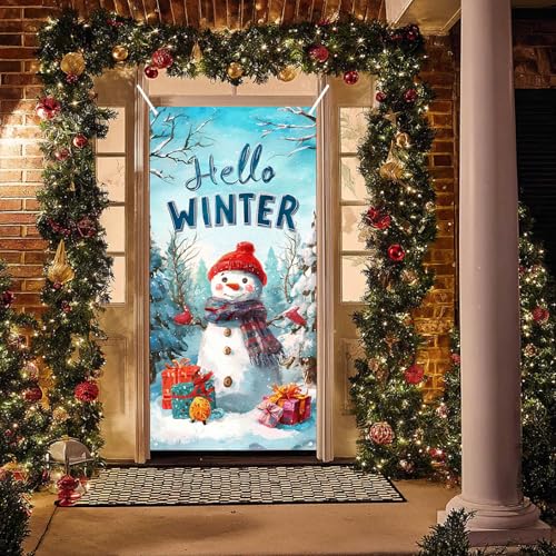 Christmas Snowman Door Cover 35x71 Inch Seasonal Wall Banner