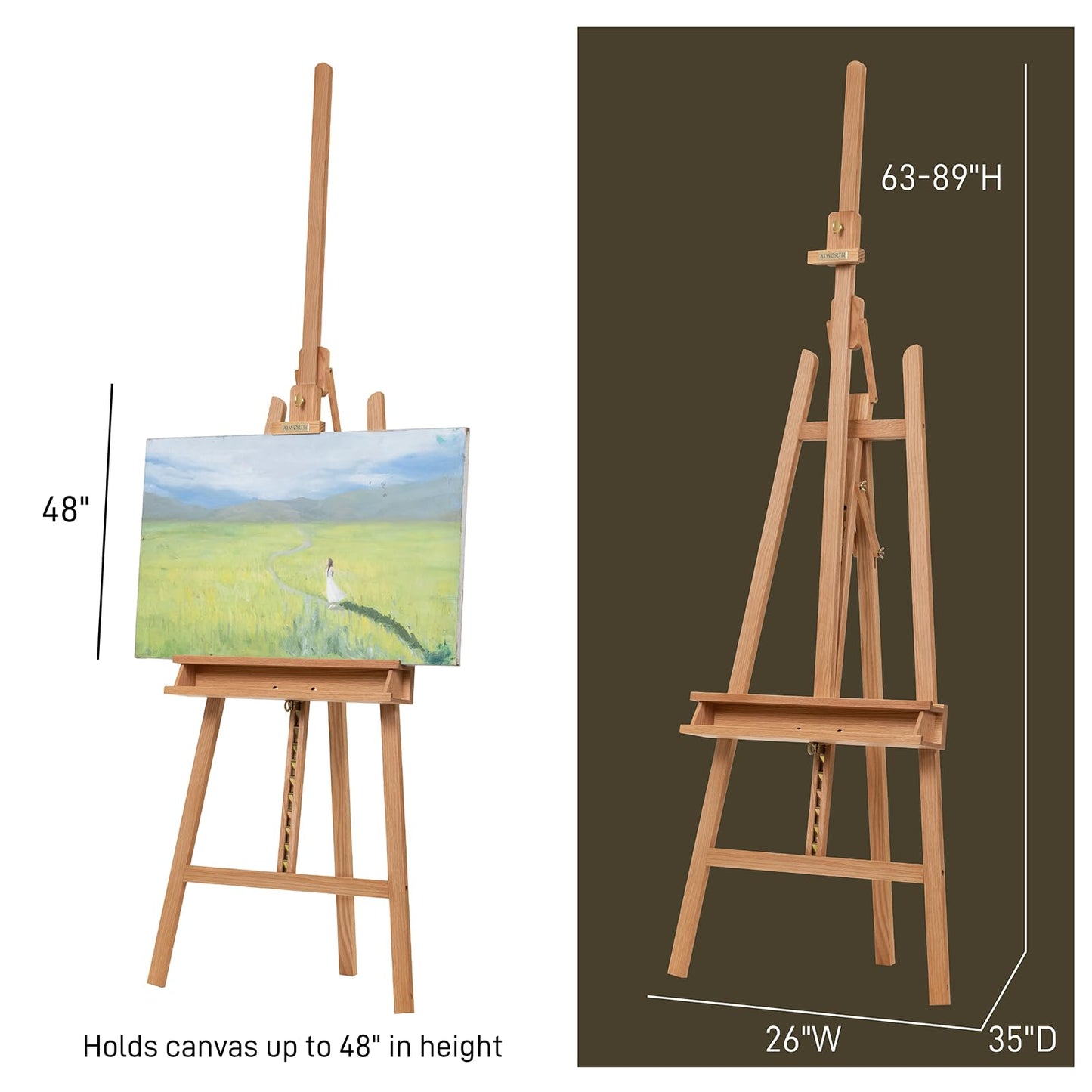 ATWORTH American Oak Inclinable Studio Art Easel, Hold Canvas up to 48”, Deluxe Wooden Large Adjustable A-Frame Lyre Style Floor Painting Easel Stand with Storage Tray, Natural Oil Finish