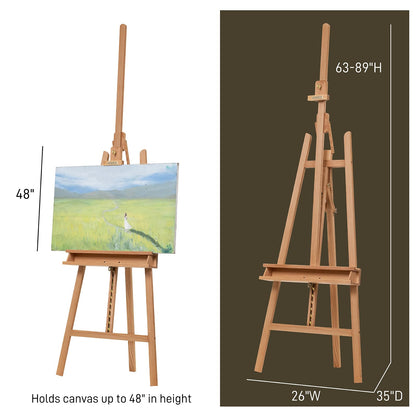 ATWORTH American Oak Inclinable Studio Art Easel, Hold Canvas up to 48”, Deluxe Wooden Large Adjustable A-Frame Lyre Style Floor Painting Easel Stand with Storage Tray, Natural Oil Finish