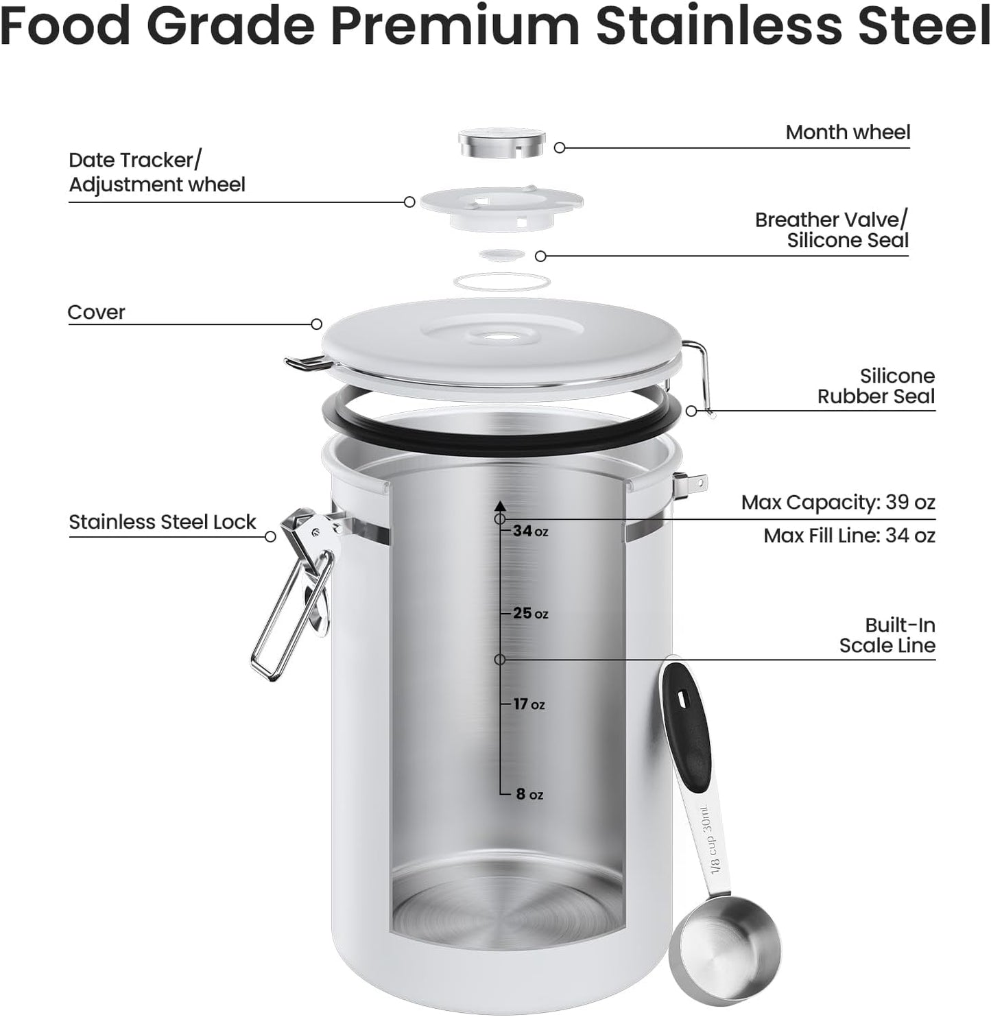 Veken Coffee Canister - 39oz Airtight Stainless Steel Storage Container with Date Tracker & Scoop | White