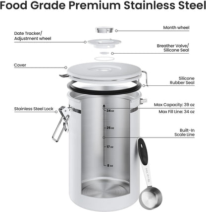 Veken Coffee Canister - 39oz Airtight Stainless Steel Storage Container with Date Tracker & Scoop | White