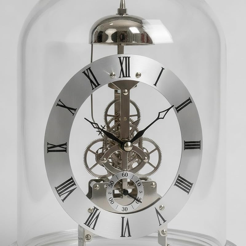 Gold Clock Mechanical Table Clock with Visible Gears, Roman Numerals, 360° Clear Dome