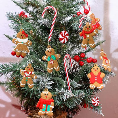 Christmas Gingerbread Man & Candy Cane Ornaments Set - Holiday Tree Decorations