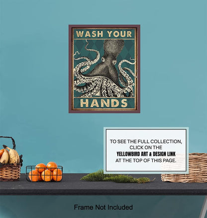 Octopus Nautical Bathroom Wall Art - Funny Beach Decor | Unique Wash Your Hands Sign for Guest Bath