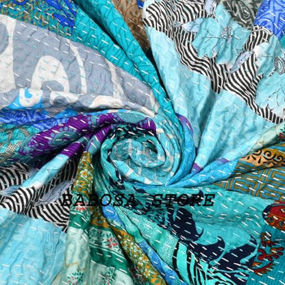Turquoise Handmade Patchwork Kantha Quilt Bed Cover 40x60 Inch Baby