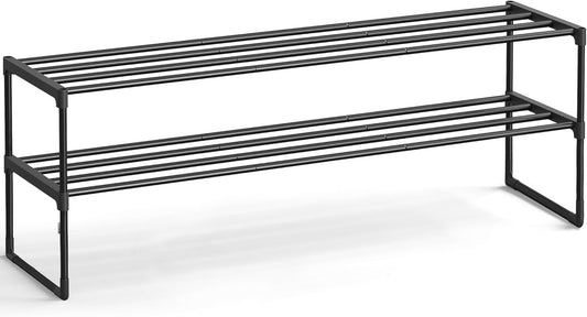 SONGMICS 2-Tier Shoe Rack - Stackable Metal Organizer for 15-18 Pairs | Black, 11.8 x 46.1 x 14.6 Inches