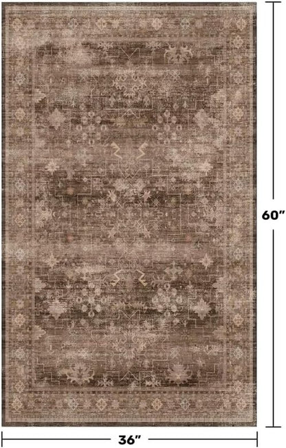 Boho Taupe Brown 3x5 Area Rug - Modern Vintage Washable Non-Slip Design for Entryway & Kitchen