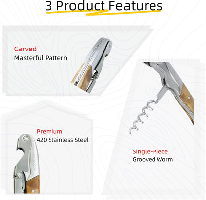 Wine Key & Corkscrew Wine Opener–3-in-1 with Foil Cutter and Bottle Opener, Professional Double Hinged Waiter's Corkscrew for Servers and Bartenders