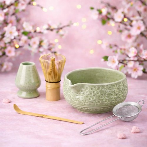 Marce Matcha Whisk Set- Matcha Set includes Matcha Whisk and Bowl, Sifter, Holder and Scoop- The Perfect Bamboo Whisk for Matcha Tea (Molted Green)