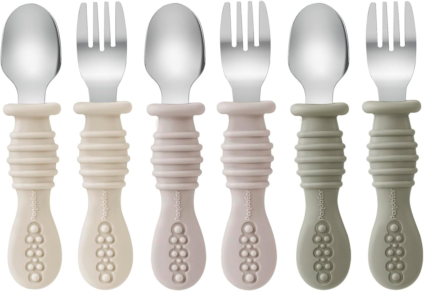 PandaEar Toddler Fork and Spoon Utensil Set - BPA-Free Silicone & Stainless Steel | 6 Pack in Walnut, Linen & Brown