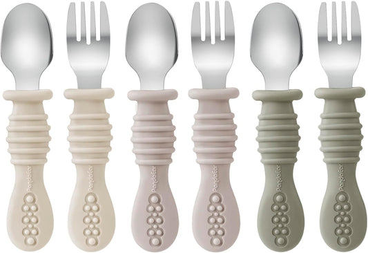 PandaEar Toddler Fork and Spoon Utensil Set - BPA-Free Silicone & Stainless Steel | 6 Pack in Walnut, Linen & Brown