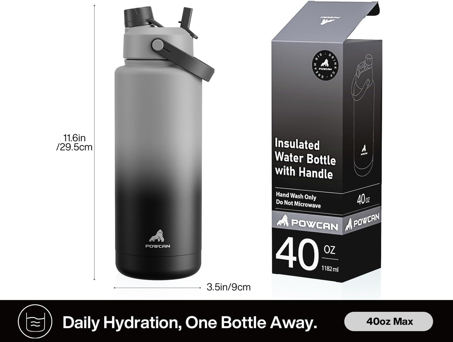 POWCAN 40 oz Insulated Water Bottle - 2-in-1 Straw & Spout Lid, Leak-Proof, BPA-Free | Obsidian Color