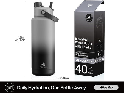 POWCAN 40 oz Insulated Water Bottle - 2-in-1 Straw & Spout Lid, Leak-Proof, BPA-Free | Obsidian Color