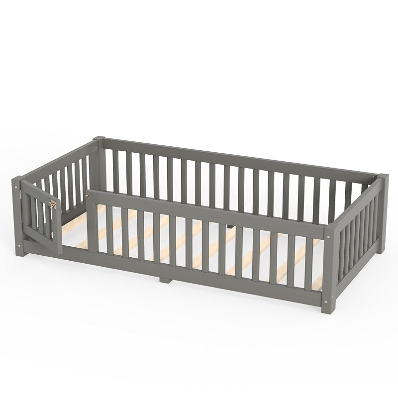 Twin Size Montessori Floor Bed with Door, Fence & Slats – Grey + Twin
