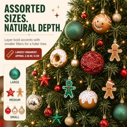42 Pack Shatterproof Christmas Ornaments - Red & Gold Luxury Tree Decorations with Pre-Tied Strings