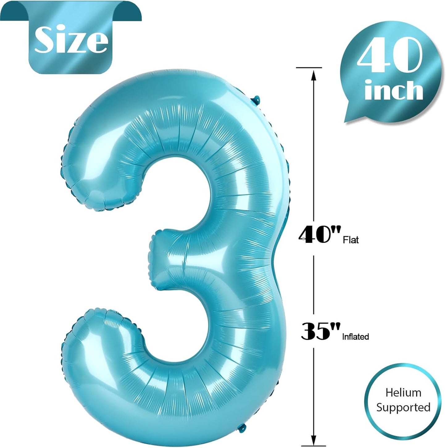 Pearlescent Blue Number 3 Balloon - 40 Inch Birthday Decoration for Kids & Adults