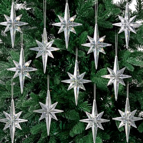 12 Pcs Christmas Bethlehem Star Ornaments - Clear Glitter Holiday Decorations, 4.72 x 2.95 Inches