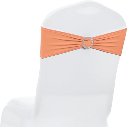 MDS Spandex Chair Sashes - Pack of 150 Elastic Stretch Bows with Buckle Slider for Wedding Decor - Peach