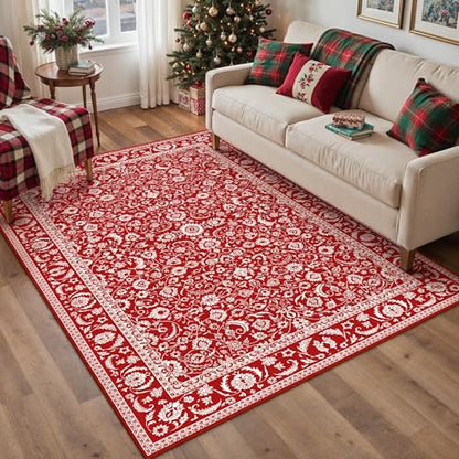 Christmas Red Floral Washable Area Rug 3x5 Entryway Non-Slip Floor Mat