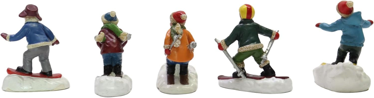 Moments In Time Christmas Village Set - Hand-Painted Skiing & Snowboarding Figures | 5-Piece Holiday Decor