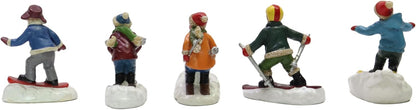 Moments In Time Christmas Village Set - Hand-Painted Skiing & Snowboarding Figures | 5-Piece Holiday Decor