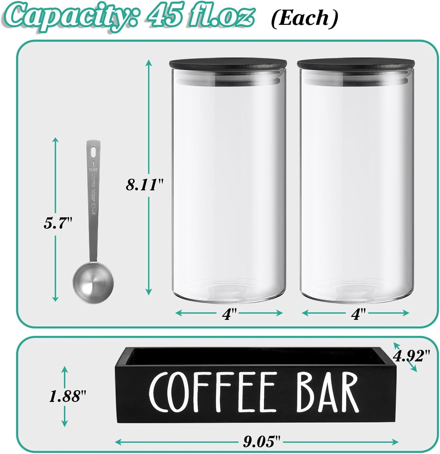 Skiennix Glass Coffee Canister Set - 2Pcs 45oz Airtight Containers with Bamboo Lids & Black Tray | Farmhouse Decor