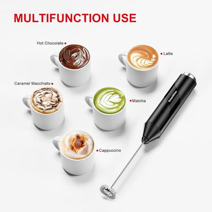 Bonsenkitchen Milk Frother - Powerful Handheld Drink Mixer with Stainless Steel Whisk | Battery Operated - Black