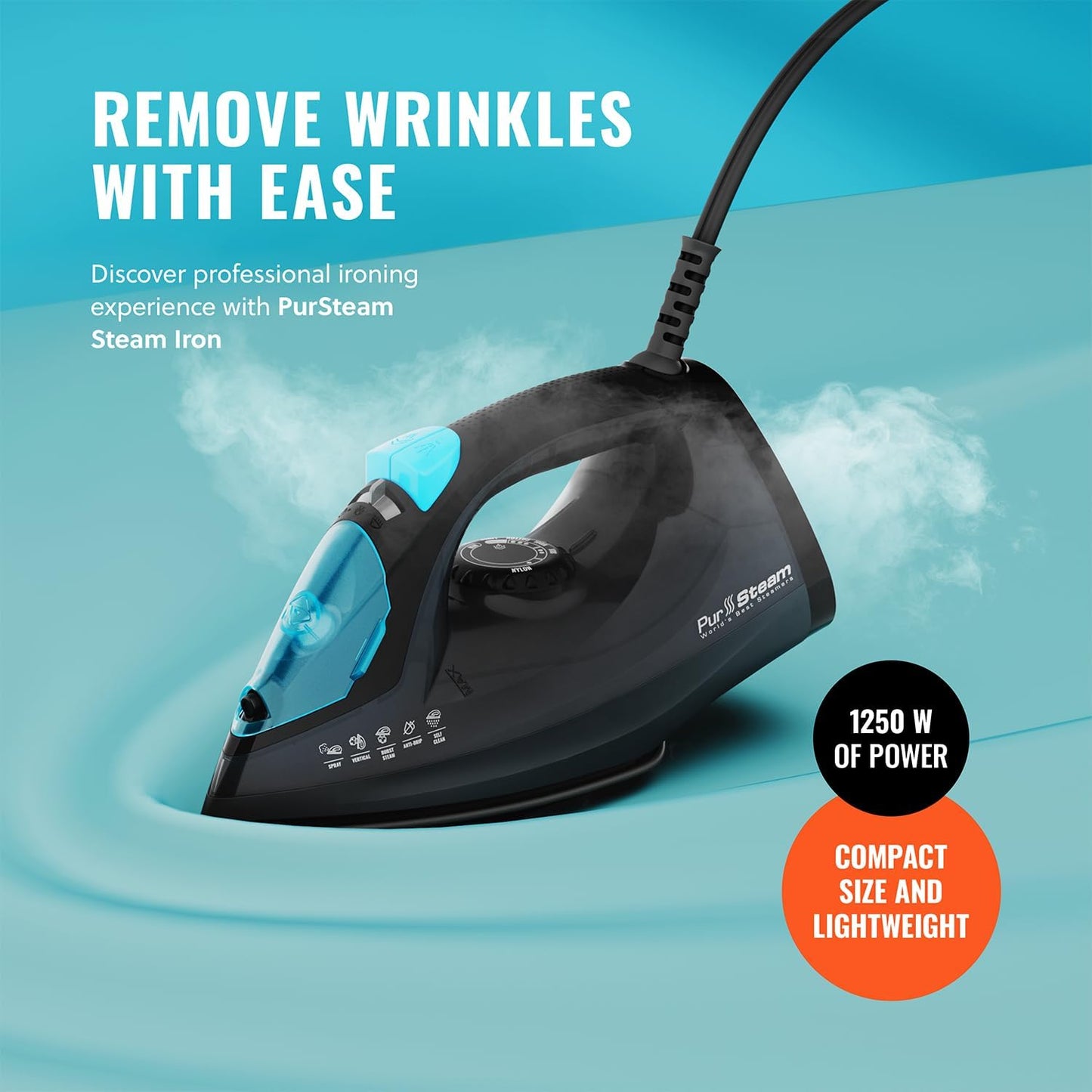 PurSteam Professional Steam Iron - 1250W Power with Burst of Steam & Spray | Non-Stick Soleplate, Easy Control