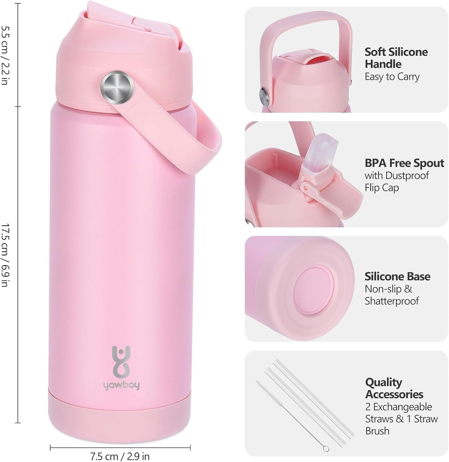 Skiennix 18oz Kids Insulated Water Bottle - Leak Proof with Straw Lid & Silicone Handle | Light Pink