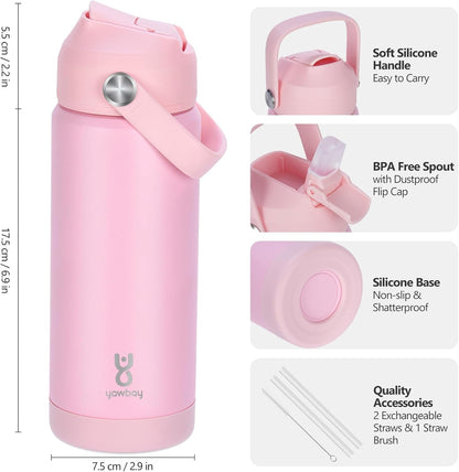 Skiennix 18oz Kids Insulated Water Bottle - Leak Proof with Straw Lid & Silicone Handle | Light Pink