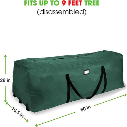 Primode Rolling Tree Storage Bag - Extra Large Heavy Duty Container for 9 ft Holiday Trees | 28" H x 16" W x 60" L - Green