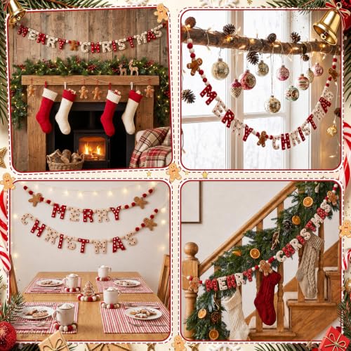 Christmas Felt Garland with Gingerbread Man and 'MERRY CHRISTMAS' Letters - 10 ft with Red White Brown Variation