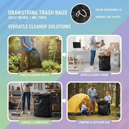 Drawstring Trash Bags | 31 Gallon | 30x32 Inches | 1 Mil Thick | Durable Leak-Proof Garbage Bags with Easy Tie Handles - Perfect for Kitchen, Office, and Commercial Use