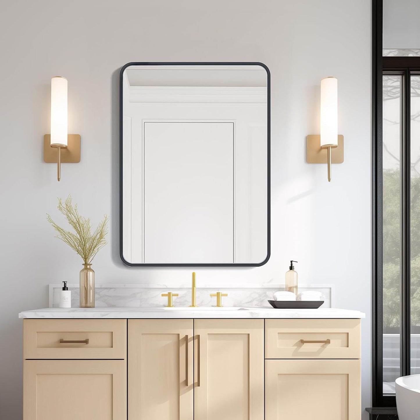 USHOWER Black Bathroom Mirror - 22 x 30 Inch Matte Rectangle Mirror with Rounded Metal Frame