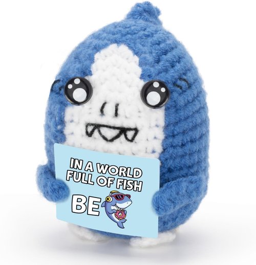 FunisFun Positive Crochet Shark | Handmade Motivational Gift for Shark Lovers - Unique Office Decor