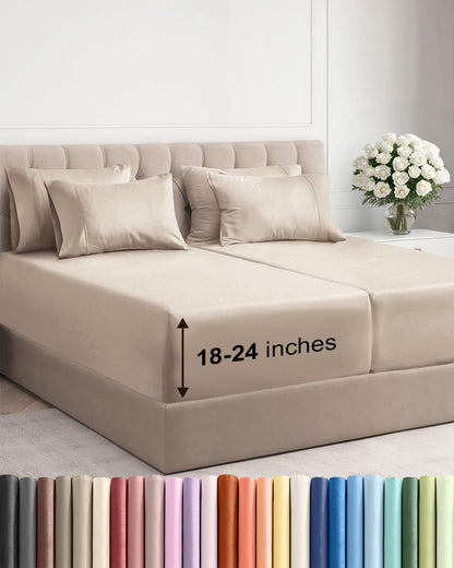 Skiennix Extra Deep Split King Sheet Set - 7 Piece Breathable Cooling Bedding - Soft, Wrinkle-Free & Comfy - Wheat Color