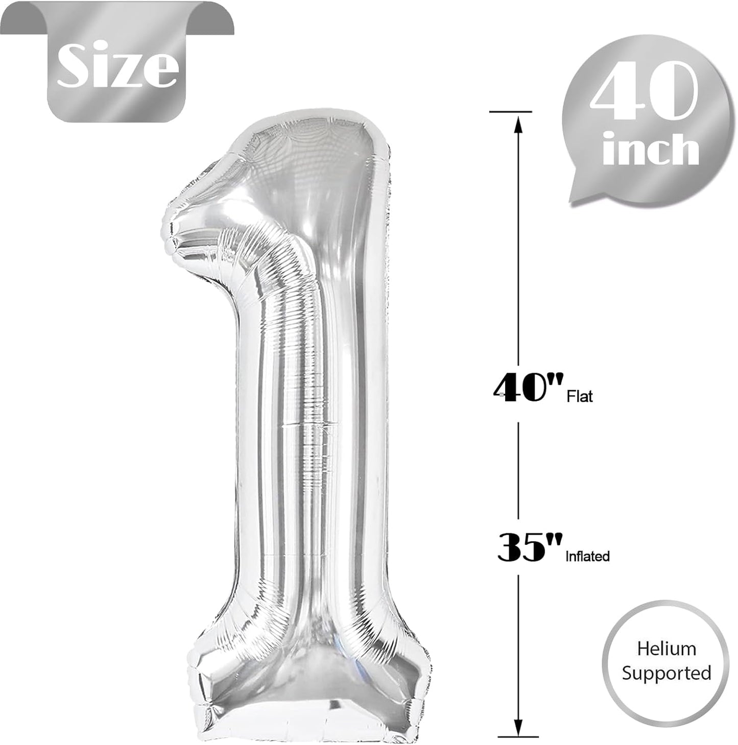 Silver Number 1 Balloon - 40 Inch Shiny Silver Birthday Decoration for Baby Boy/Girl