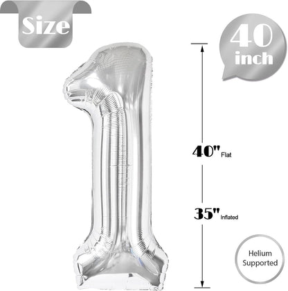 Silver Number 1 Balloon - 40 Inch Shiny Silver Birthday Decoration for Baby Boy/Girl
