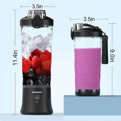DENOKIN Portable Blender - Cordless 20oz Personal Size Blender for Shakes & Smoothies | Elegant Black with 6 Blades & Travel Lid