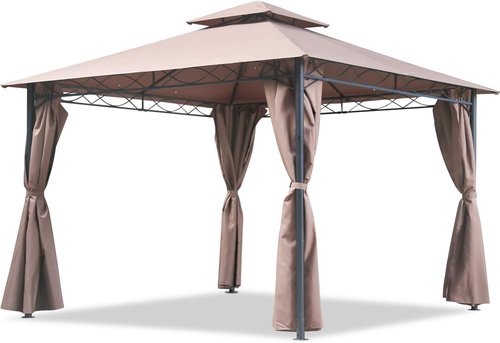 FDW 10'x13' Outdoor Patio Gazebo - Heavy Duty Steel Frame Canopy with Double Roof & Privacy Curtains | Brown