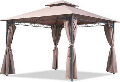 FDW 10'x13' Outdoor Patio Gazebo - Heavy Duty Steel Frame Canopy with Double Roof & Privacy Curtains | Brown